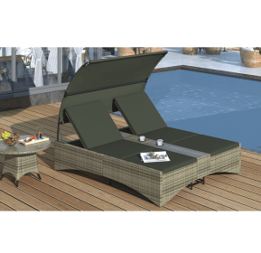 Patio Daybed Outdoor Daybed Outdoor Rattan Sun Lounger With Shelter Roof With Adjustable Backrest, S (Color: Grey)